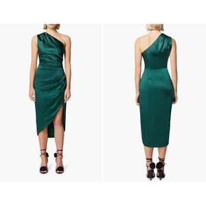 New Elliatt Size L Cassini One-Shoulder satin Dress Forest *thread pulls, stains